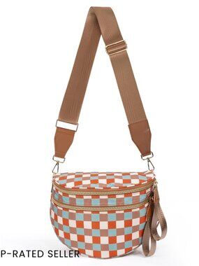 Checkered Crossbody Bag Nylon Bum Bag Spacious Hobo Purse Adjustable Strap